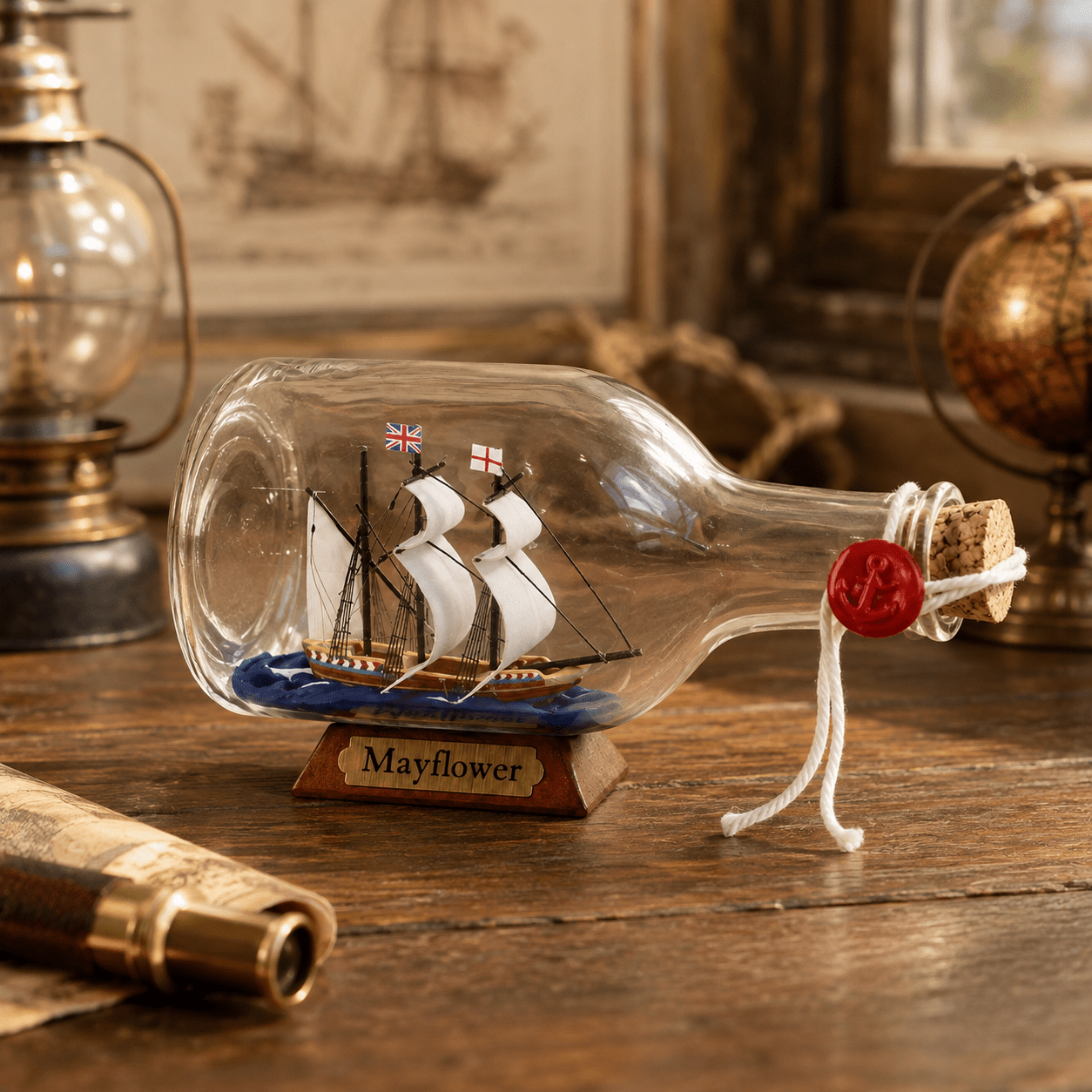 Mayflower Ship in a Bottle – Pilgrim Voyage Nautical Decor - Ocean Relic Studio- Handcrafted Wooden Ship Model