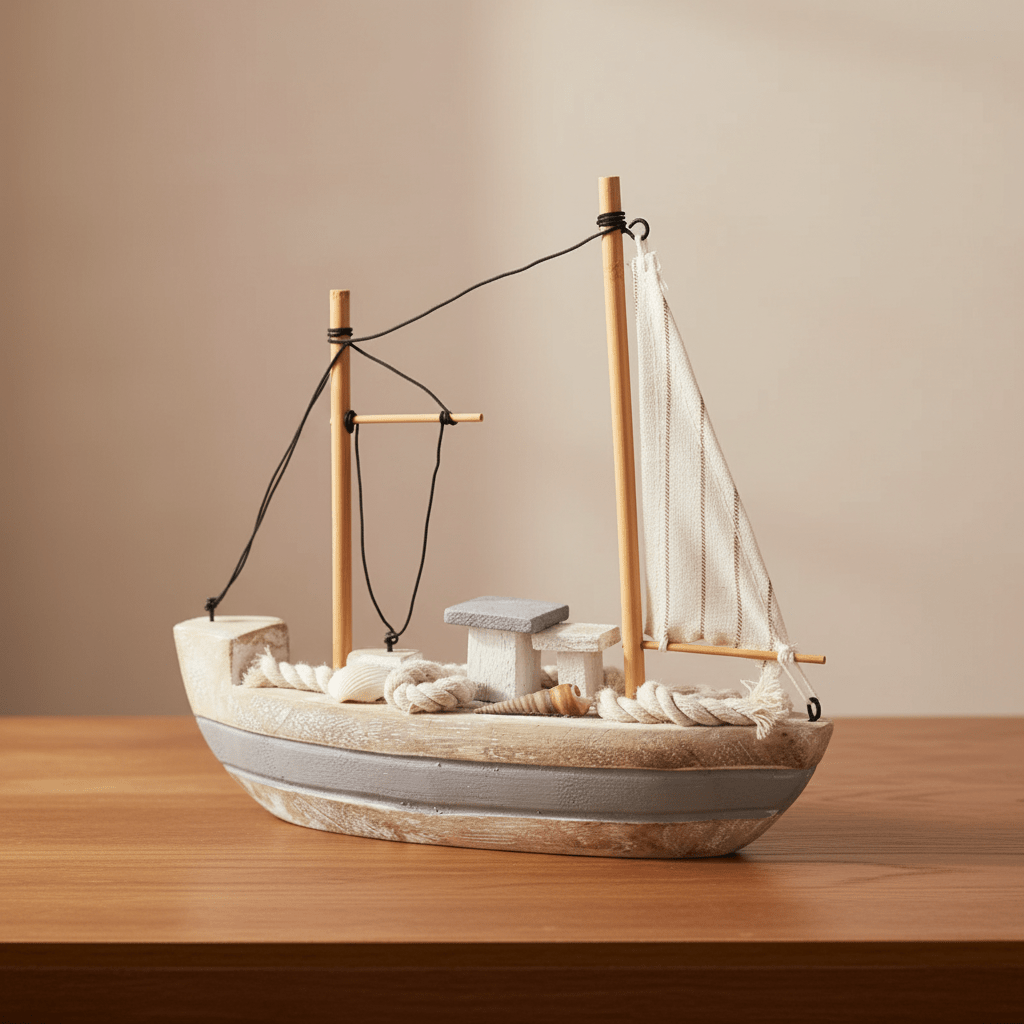 Mediterranean Fishing Boat Wooden Ship Model – Coastal Nautical Decor - Ocean Relic Studio- Handcrafted Wooden Ship Model