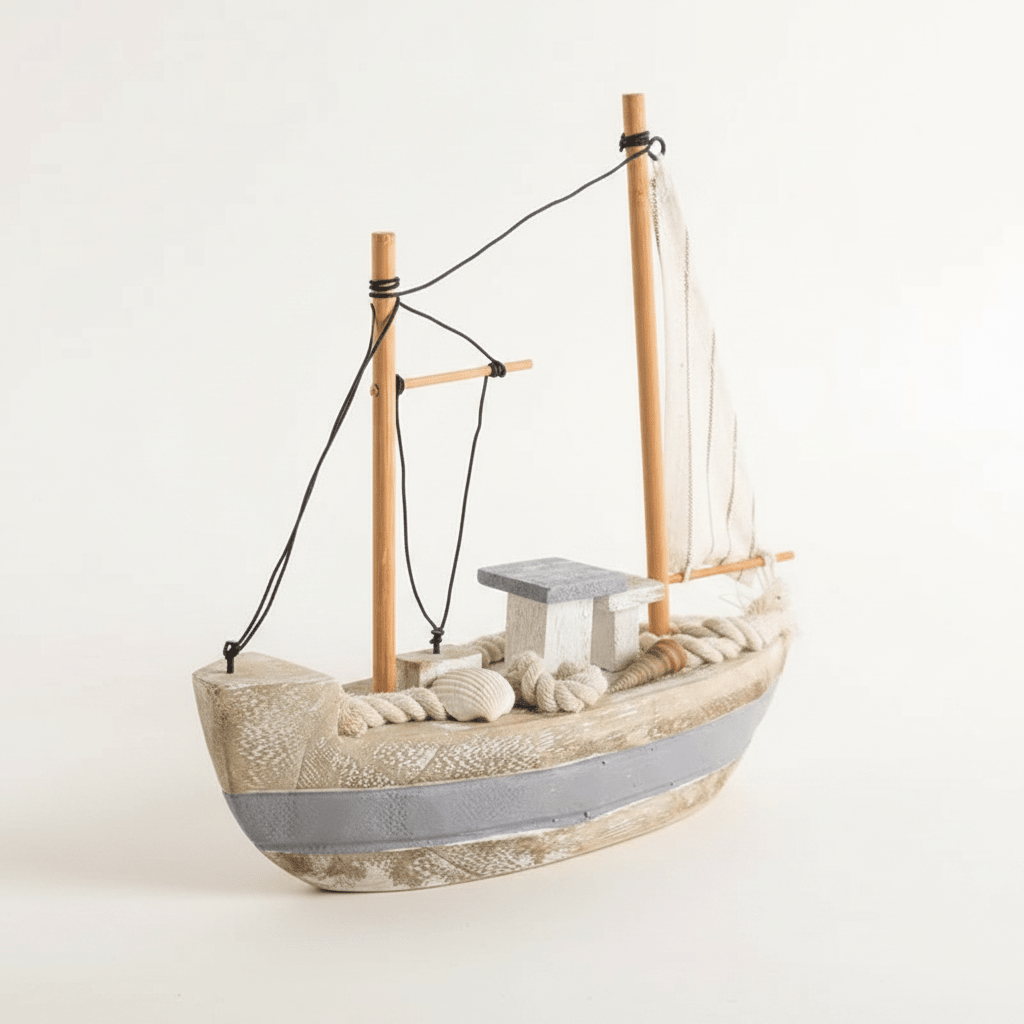 Mediterranean Fishing Boat Wooden Ship Model – Coastal Nautical Decor - Ocean Relic Studio- Handcrafted Wooden Ship Model