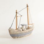 Mediterranean Fishing Boat Wooden Ship Model – Coastal Nautical Decor - Ocean Relic Studio- Handcrafted Wooden Ship Model