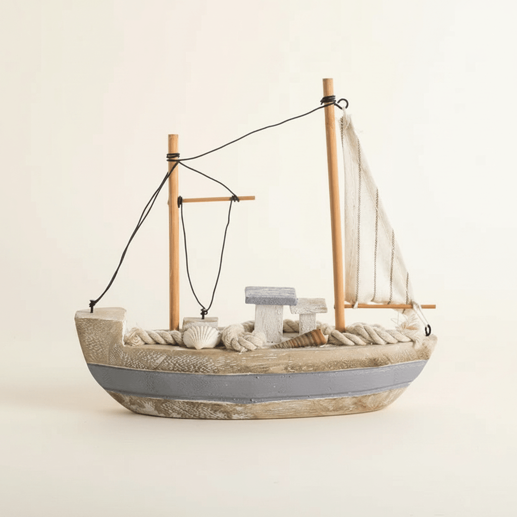 Mediterranean Fishing Boat Wooden Ship Model – Coastal Nautical Decor - Ocean Relic Studio- Handcrafted Wooden Ship Model