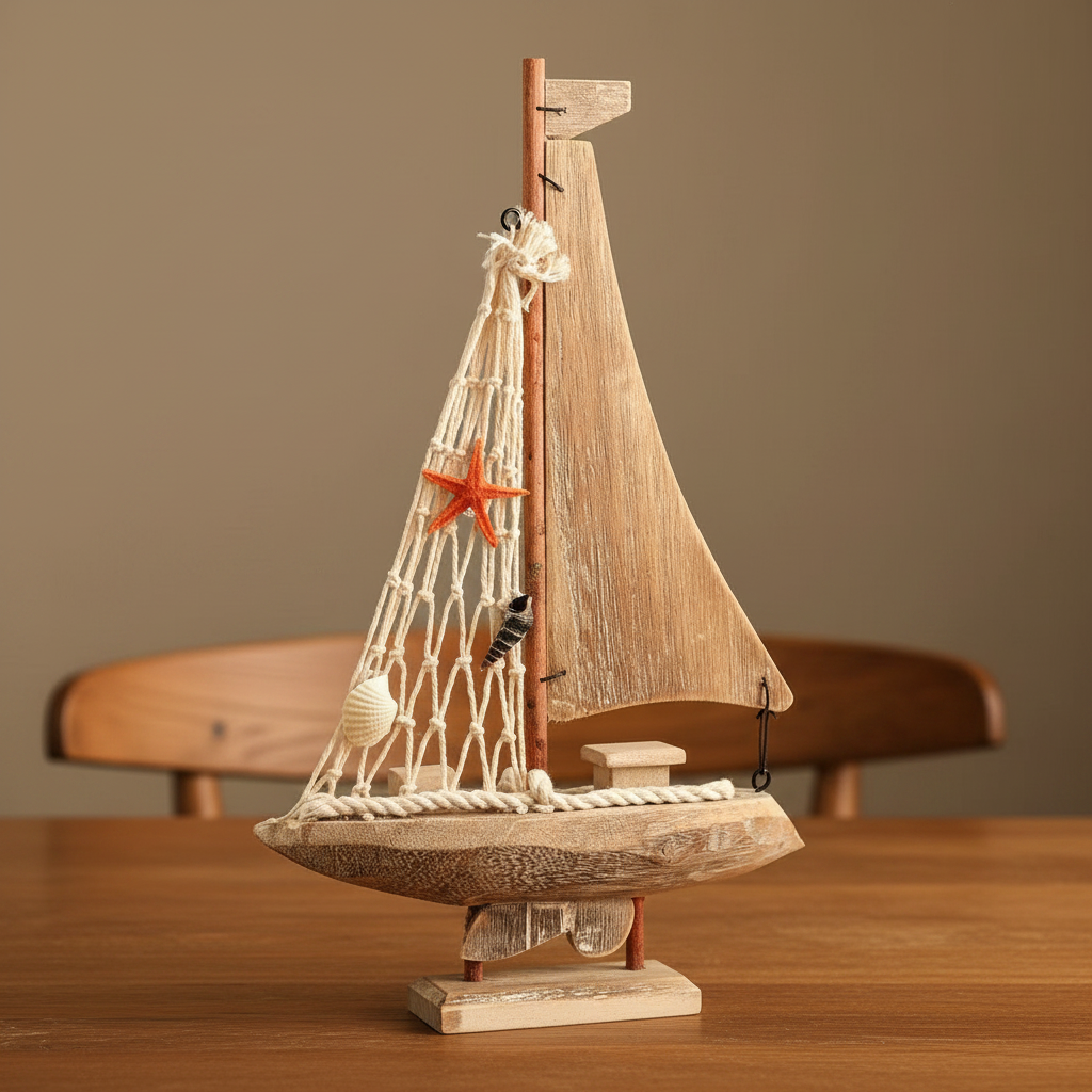 Handcrafted Mediterranean sailboat wooden ship model displayed on warm wooden desk – macramé rope net sail with orange starfish and seashell decorations, weathered driftwood hull, coastal nautical home decor