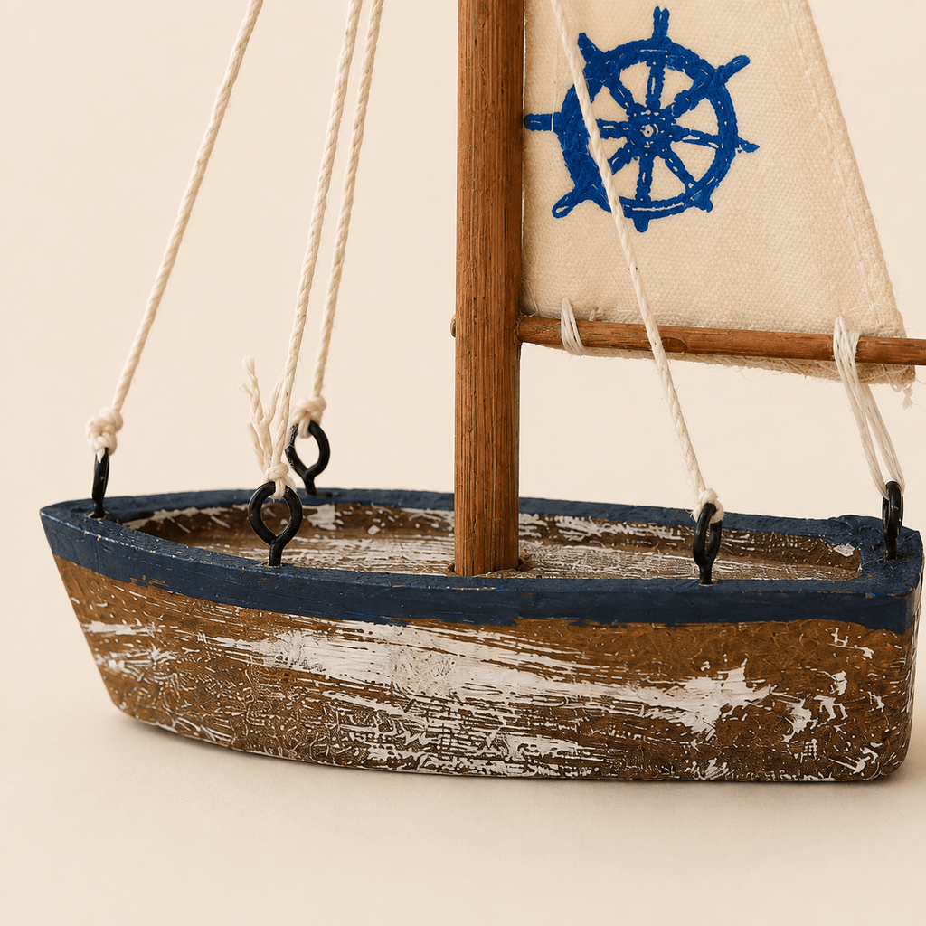 Mediterranean Sailboat Wooden Decor Model – Nautical Home Ornament - Ocean Relic Studio- Handcrafted Wooden Ship Model