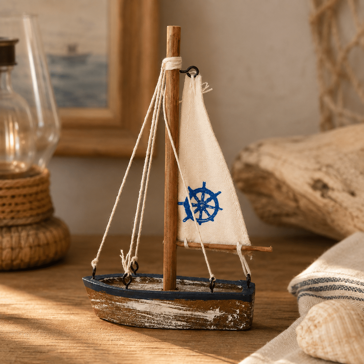 Mediterranean Sailboat Wooden Decor Model – Nautical Home Ornament - Ocean Relic Studio- Handcrafted Wooden Ship Model