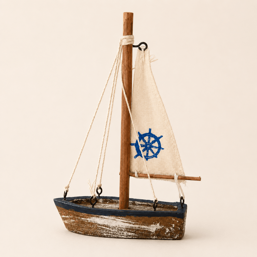 Mediterranean Sailboat Wooden Decor Model – Nautical Home Ornament - Ocean Relic Studio- Handcrafted Wooden Ship Model