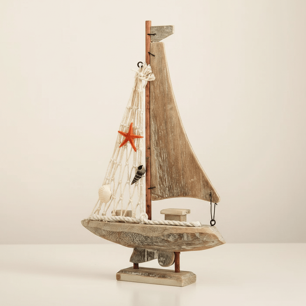 Mediterranean Sailboat Wooden Ship Model – Coastal Home Decor - Ocean Relic Studio- Handcrafted Wooden Ship Model