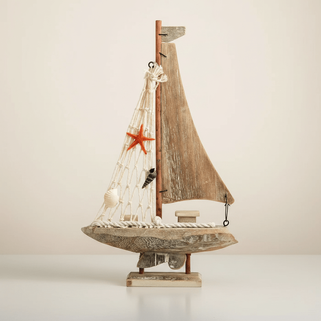 Mediterranean Sailboat Wooden Ship Model – Coastal Home Decor - Ocean Relic Studio- Handcrafted Wooden Ship Model