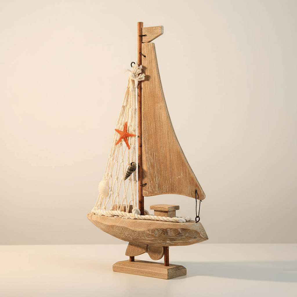 Mediterranean Sailboat Wooden Ship Model – Coastal Home Decor - Ocean Relic Studio- Handcrafted Wooden Ship Model