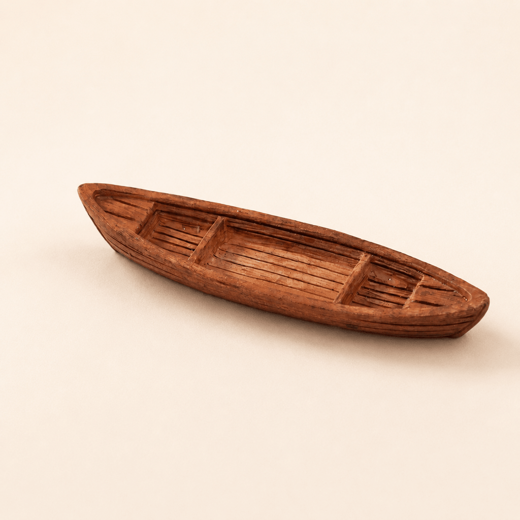 Miniature Canoe Resin Model – Open Hull Wooden Boat 8.9 cm - Ocean Relic Studio- Handcrafted Wooden Ship Model