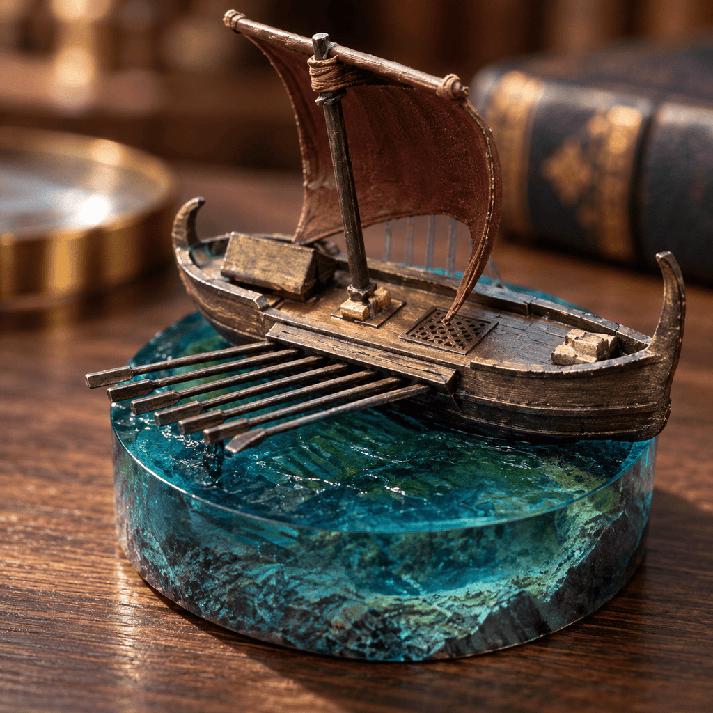 Odyssey Warship Hand-Painted Resin Ship Model with Ocean Base - Ocean Relic Studio
