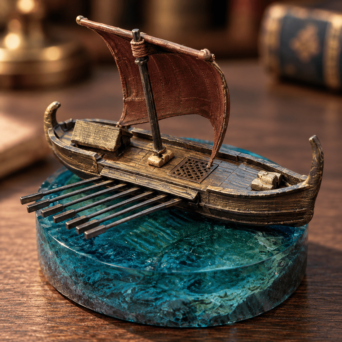Odyssey Warship Hand-Painted Resin Ship Model with Ocean Base - Ocean Relic Studio