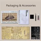 Packaging and accessories for a steam paddlewheel ship 3D wooden puzzle on a beige background.