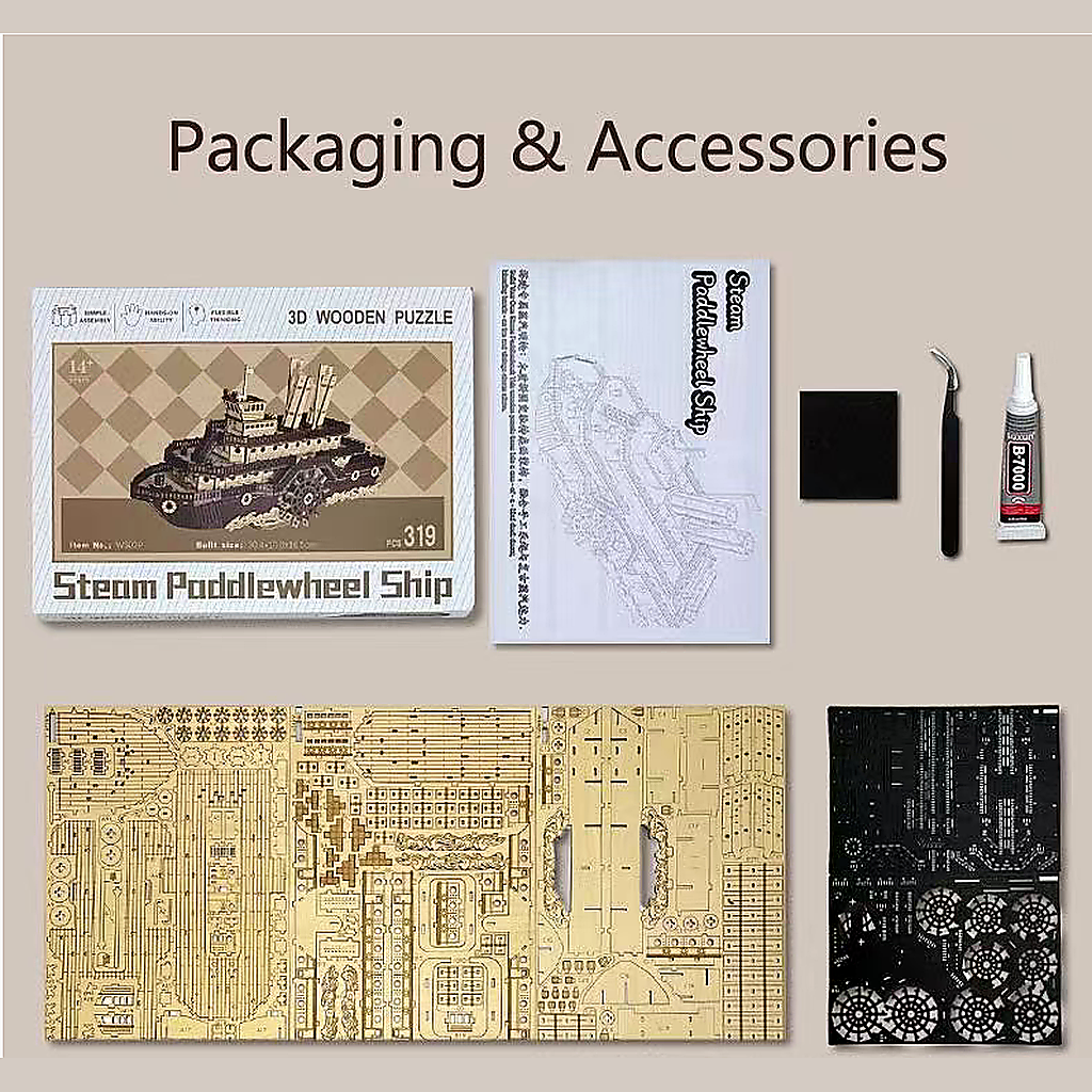 Packaging and accessories for a steam paddlewheel ship 3D wooden puzzle on a beige background.