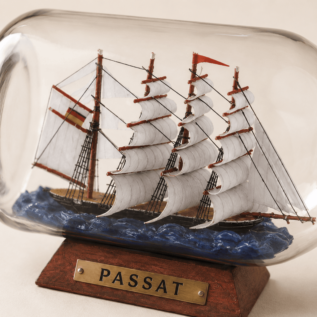 Passat Ship in a Bottle – German Flying P-Liner Nautical Decor - Ocean Relic Studio- Handcrafted Wooden Ship Model