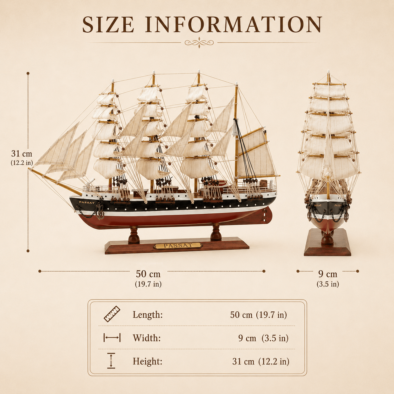 Passat Wooden Ship Model – Premium 50 cm - Ocean Relic Studio- Handcrafted Wooden Ship Model
