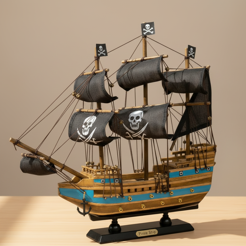 Handcrafted wooden pirate ship model displayed on a light wooden desk in a warm home setting, showing three masts with black skull-and-crossbones sails, blue-and-wood-grain striped hull with cannon ports, rope rigging, anchor at bow, and black display base with Pirate Ship nameplate – 38 cm collectible ship model
