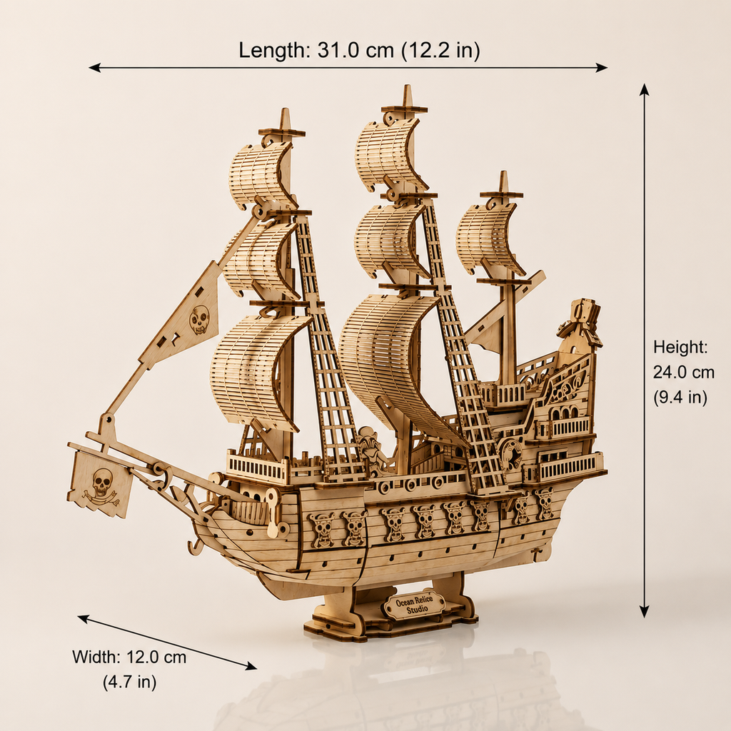 Diagrama de dimensiones: largo 31,0 cm (12,2 in), ancho 12,0 cm (4,7 in), alto 24,0 cm (9,4 in), vista frontal de tres cuartos sobre fondo blanco crema