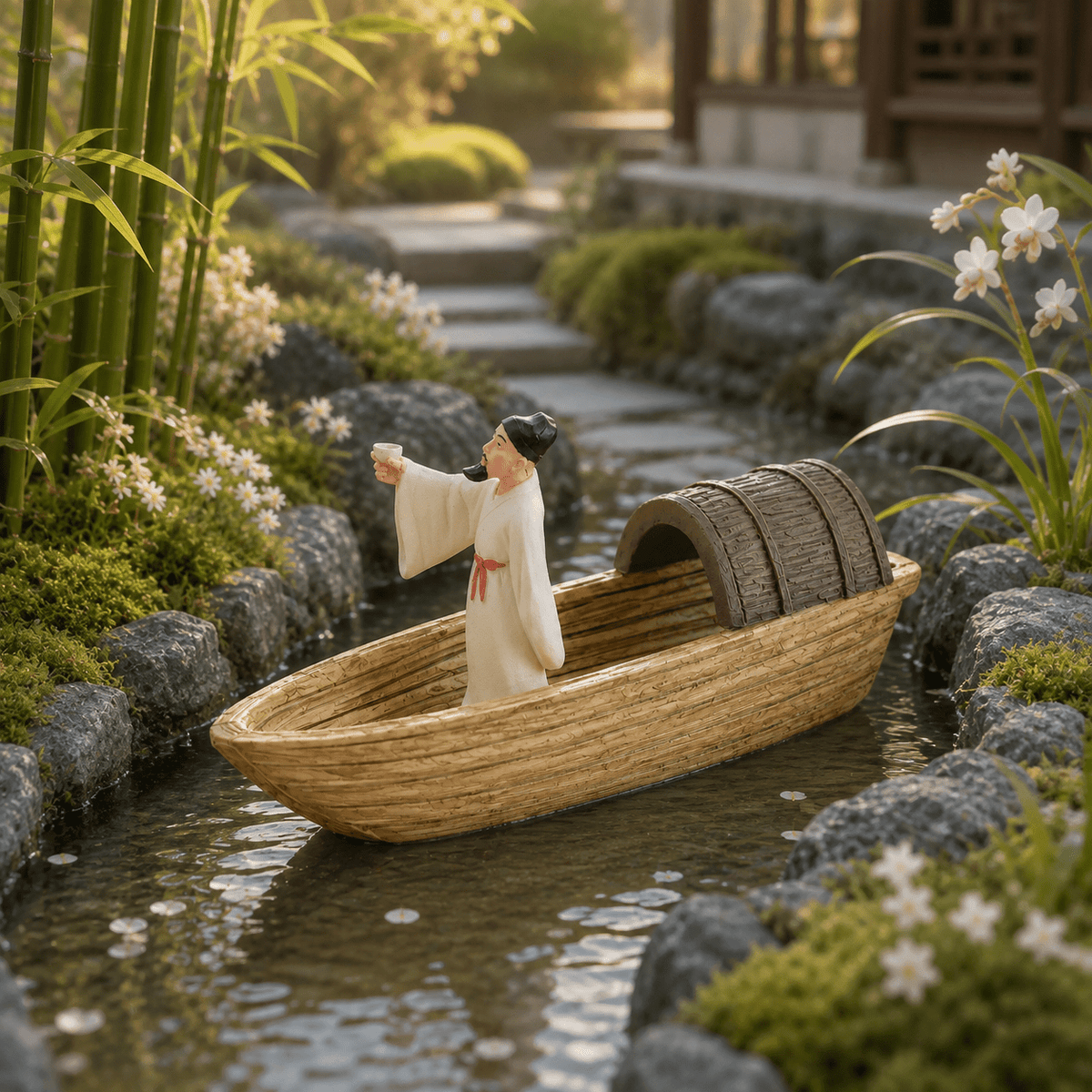 Poet on River Boat Resin Ship Model – Ancient Chinese Figure - Ocean Relic Studio- Handcrafted Wooden Ship Model