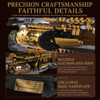 Vintage steampunk design with electroplated components and base nameplate on a dark background.