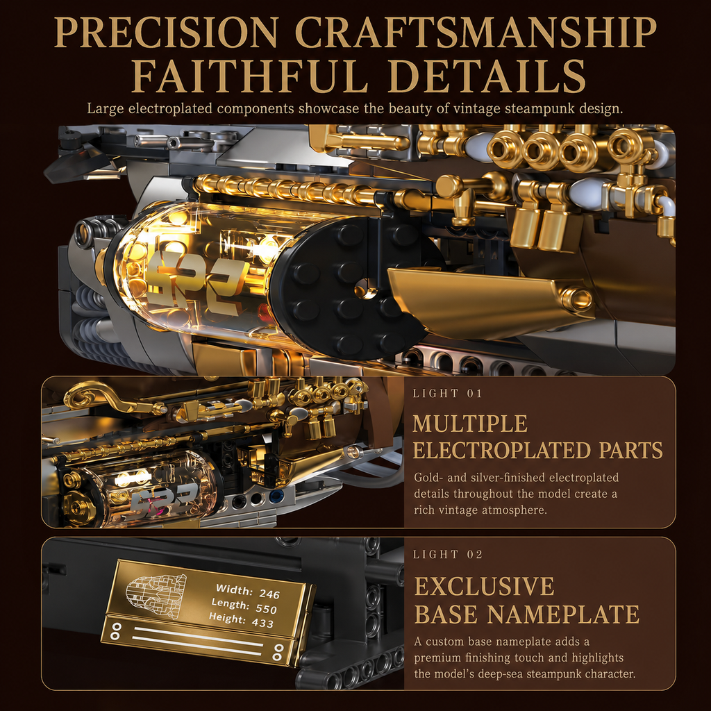 Vintage steampunk design with electroplated components and base nameplate on a dark background.