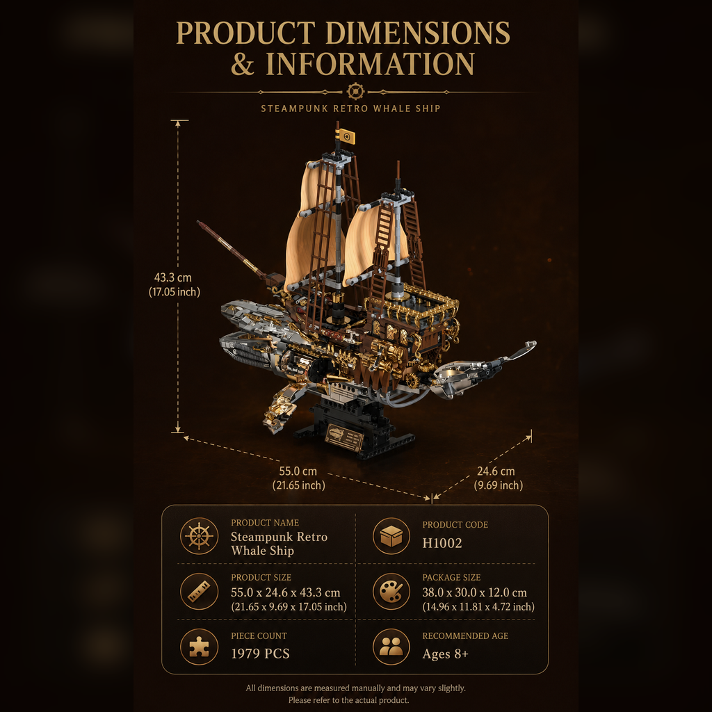 Product dimensions and information for a steampunk retro whale ship model on a dark background.