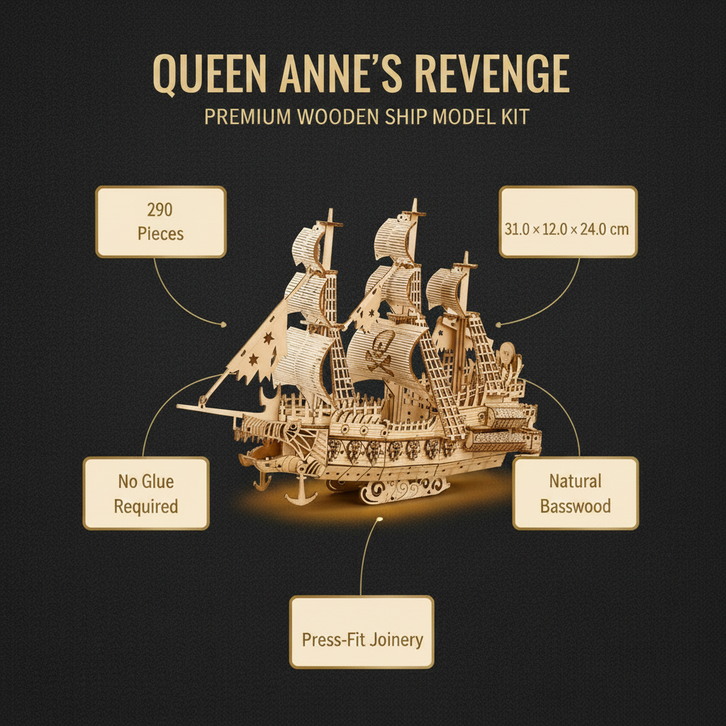 Queen Anne's Revenge wooden ship model kit with specifications on a dark background
