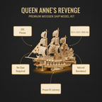 Queen Anne's Revenge wooden ship model kit with specifications on a dark background