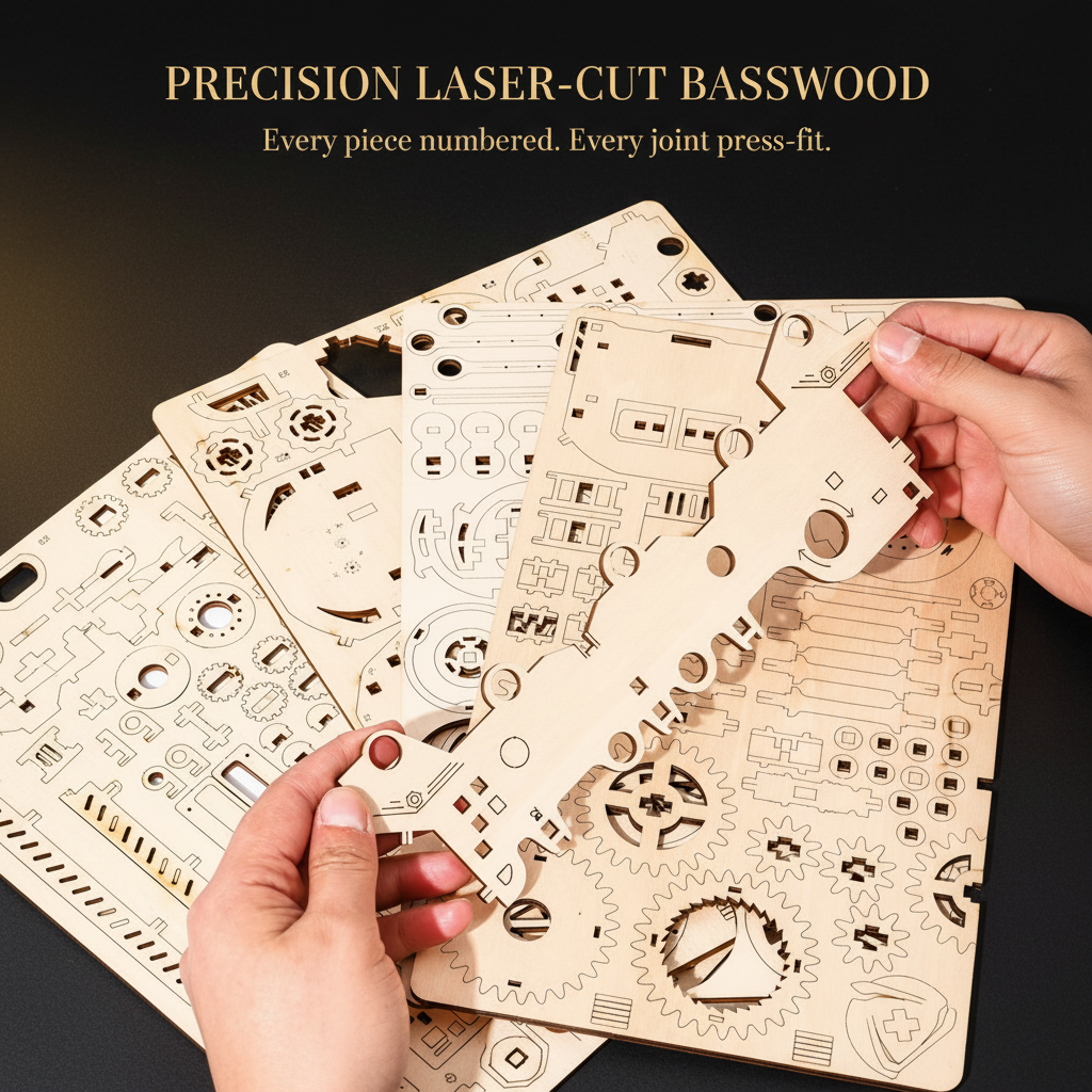 Wooden mechanical puzzle with laser-cut pieces and hands holding a piece, on a dark background.