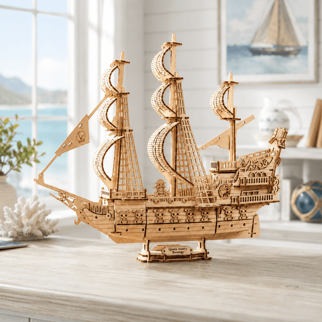 Queen Anne's Revenge Wooden Ship Model Kit – 290-Piece 3D Puzzle - Ocean Relic Studio- Handcrafted Wooden Ship Model