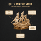 Queen Anne's Revenge wooden ship model kit with specifications on a dark background