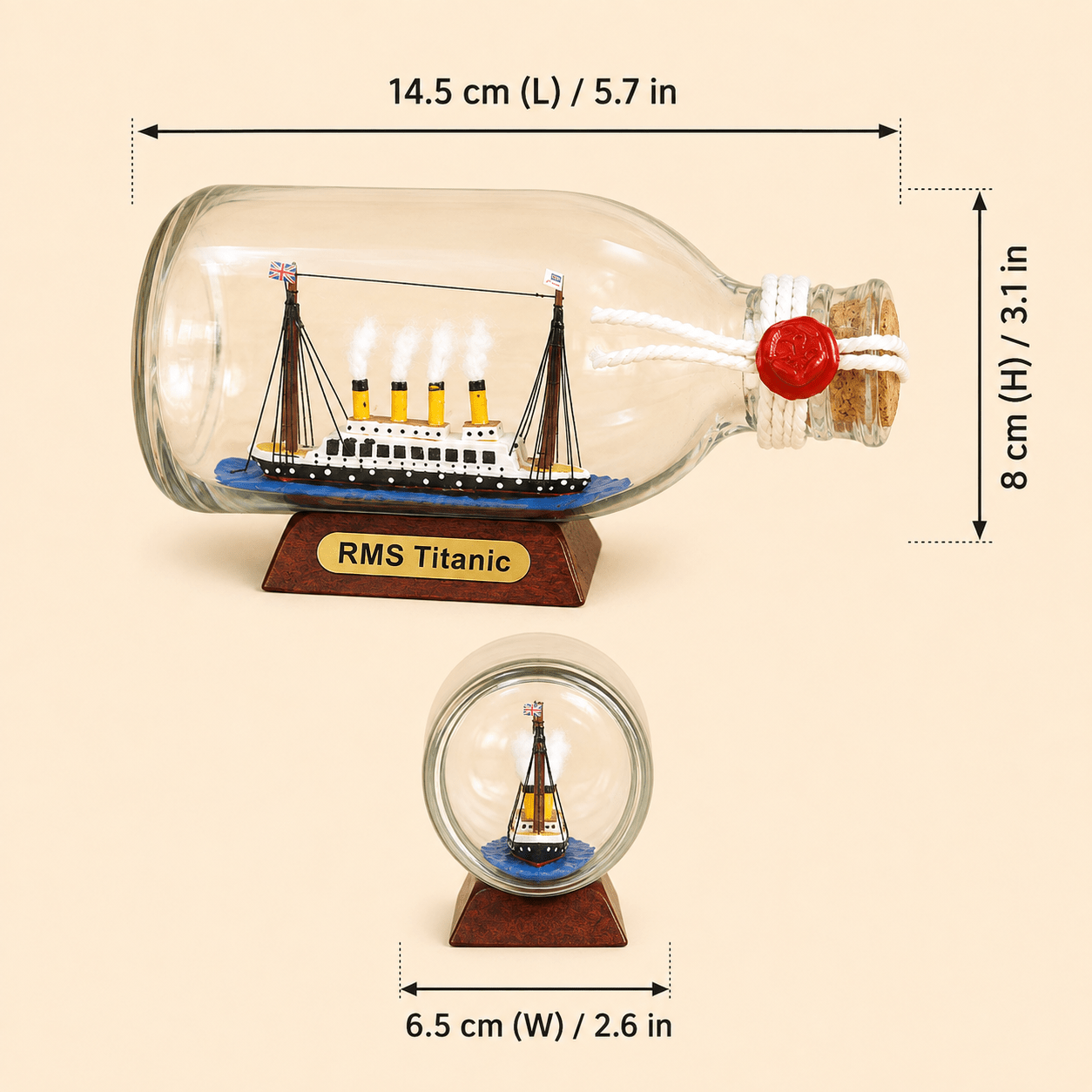 RMS Titanic Ship in a Bottle Model – Classic 14.5 cm - Ocean Relic Studio- Handcrafted Wooden Ship Model