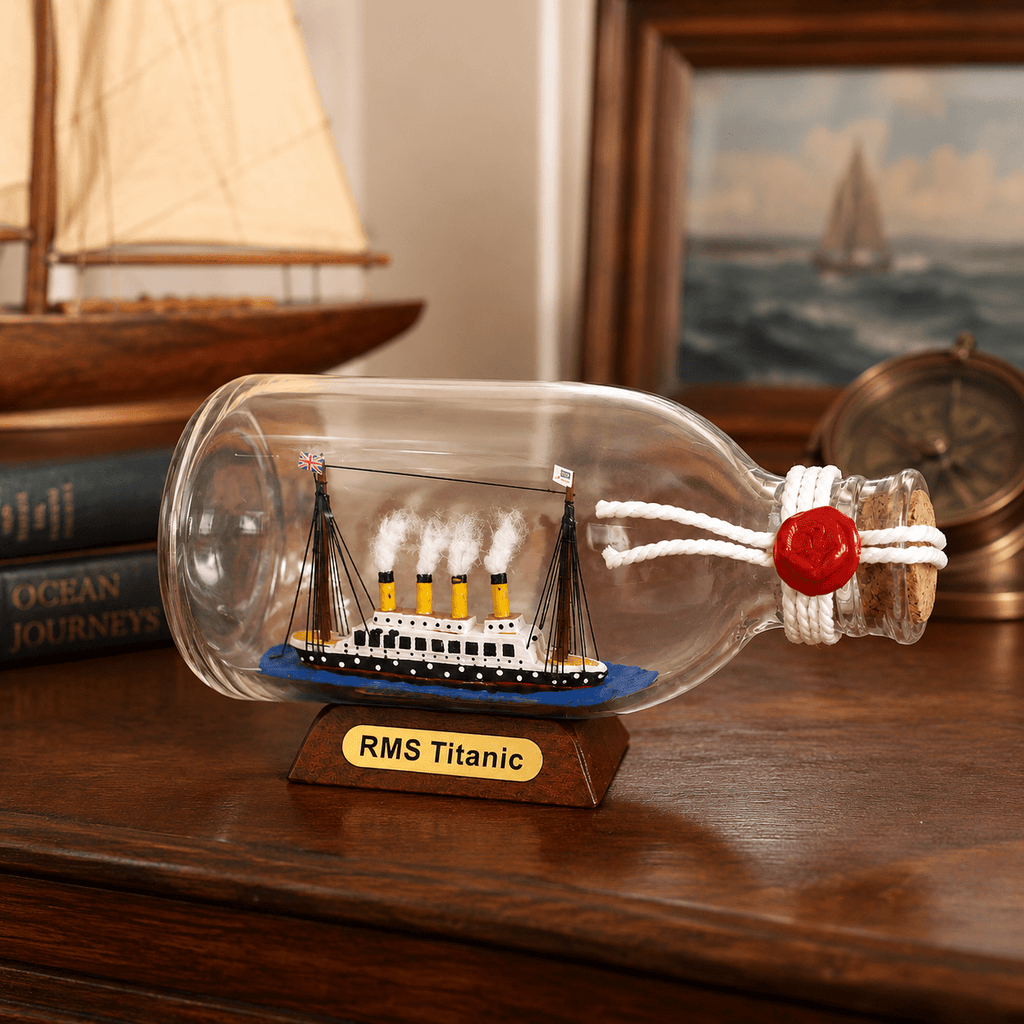 RMS Titanic Ship in a Bottle Model – Classic 14.5 cm - Ocean Relic Studio- Handcrafted Wooden Ship Model