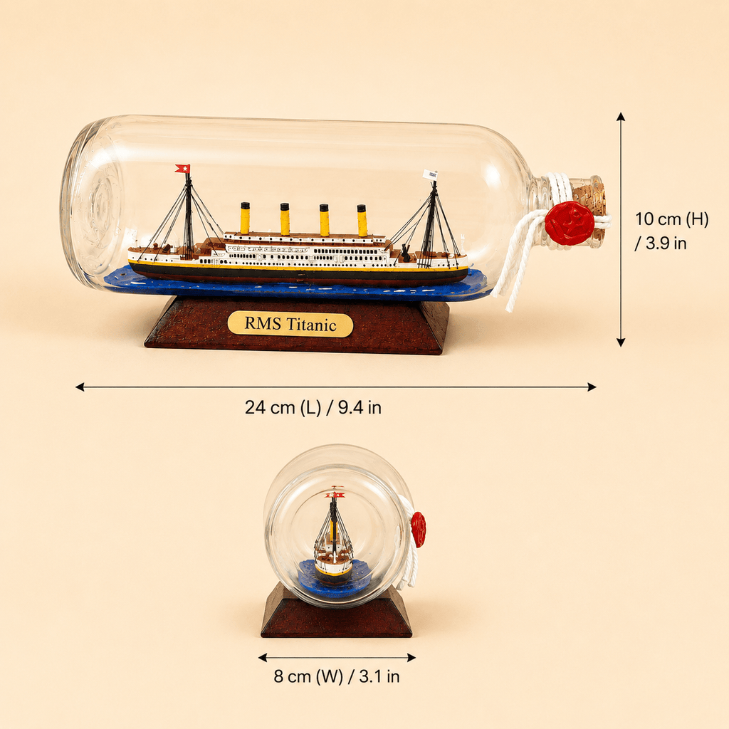 RMS Titanic Ship in a Bottle Model – Classic 24 cm - Ocean Relic Studio- Handcrafted Wooden Ship Model