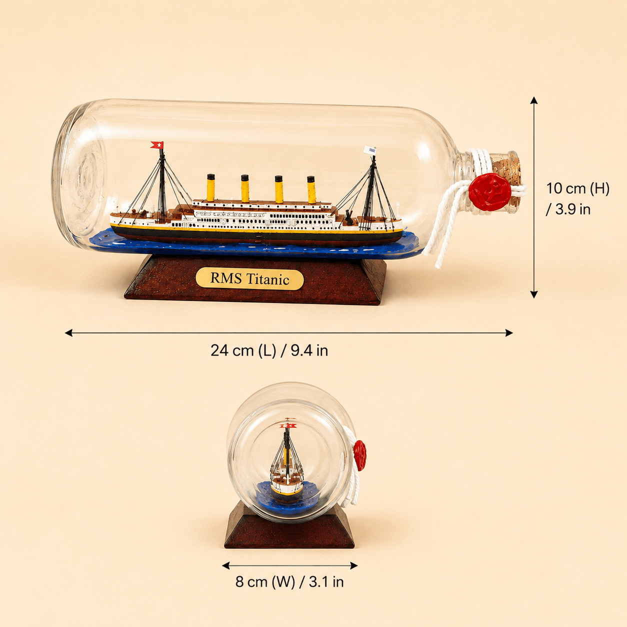 RMS Titanic Ship in a Bottle Model – Classic 24 cm - Ocean Relic Studio- Handcrafted Wooden Ship Model