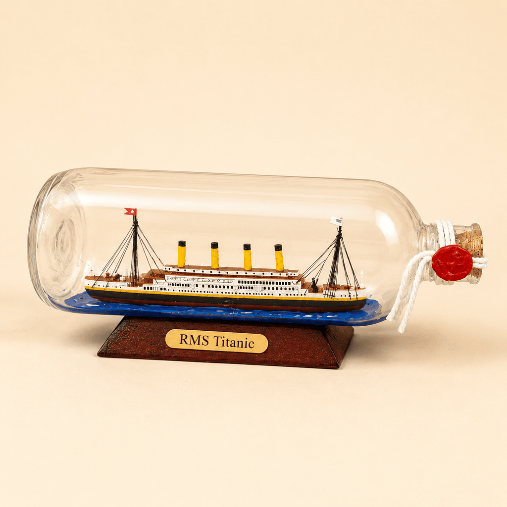 RMS Titanic Ship in a Bottle Model – Classic 24 cm - Ocean Relic Studio- Handcrafted Wooden Ship Model