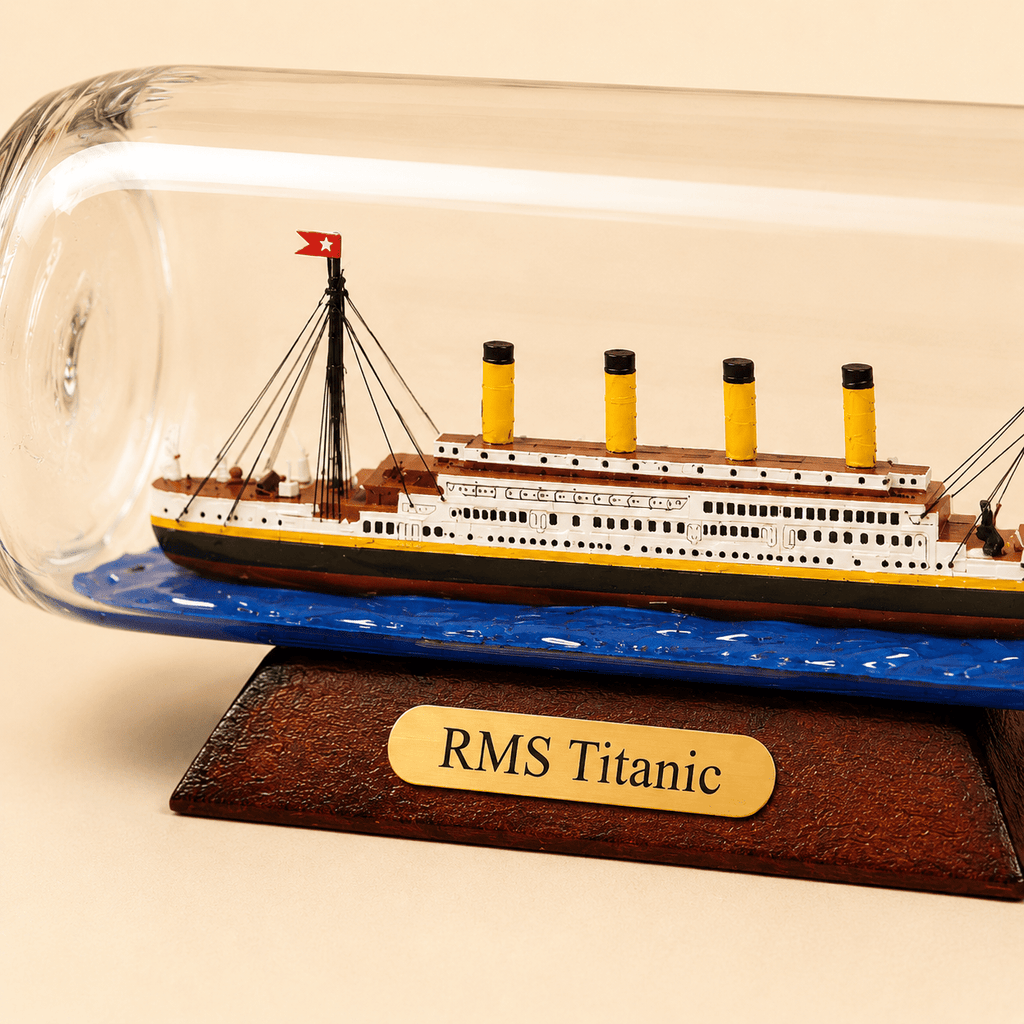 RMS Titanic Ship in a Bottle Model – Classic 24 cm - Ocean Relic Studio- Handcrafted Wooden Ship Model