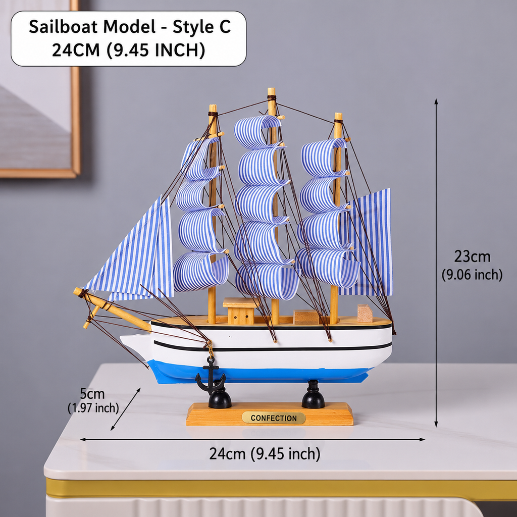 Model sailboat with blue and white striped sails and dimensions displayed on a gray background