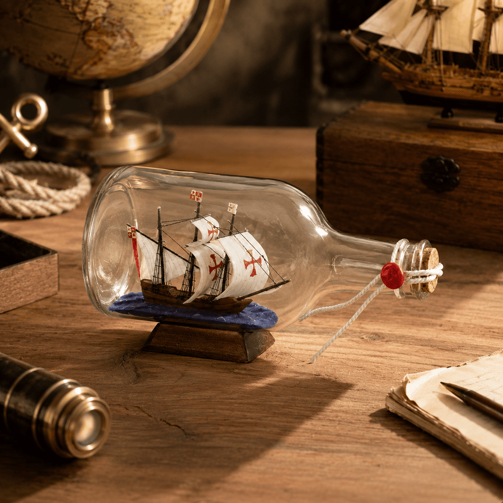 Santa Maria Ship in a Bottle – Columbus Voyage Nautical Decor - Ocean Relic Studio- Handcrafted Wooden Ship Model