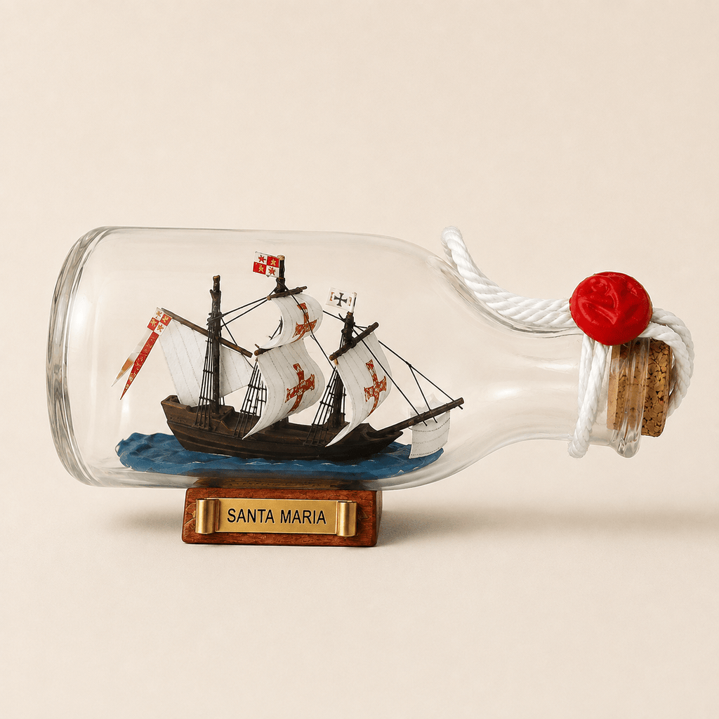 Santa Maria Ship in a Bottle – Handcrafted Nautical Decor - Ocean Relic Studio- Handcrafted Wooden Ship Model