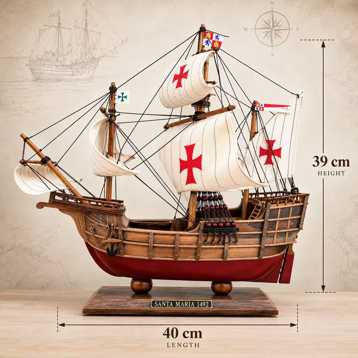 Santa Maria Wooden Ship Model – Artisan Detail 40 cm - Ocean Relic Studio