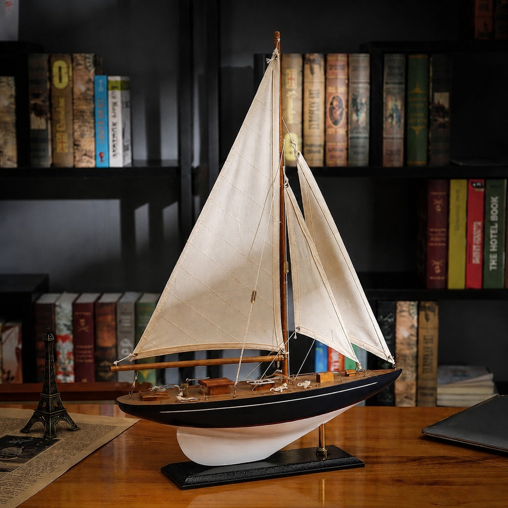 American Single-Mast Sailboat Model – Handcrafted Wooden Sailing Yacht