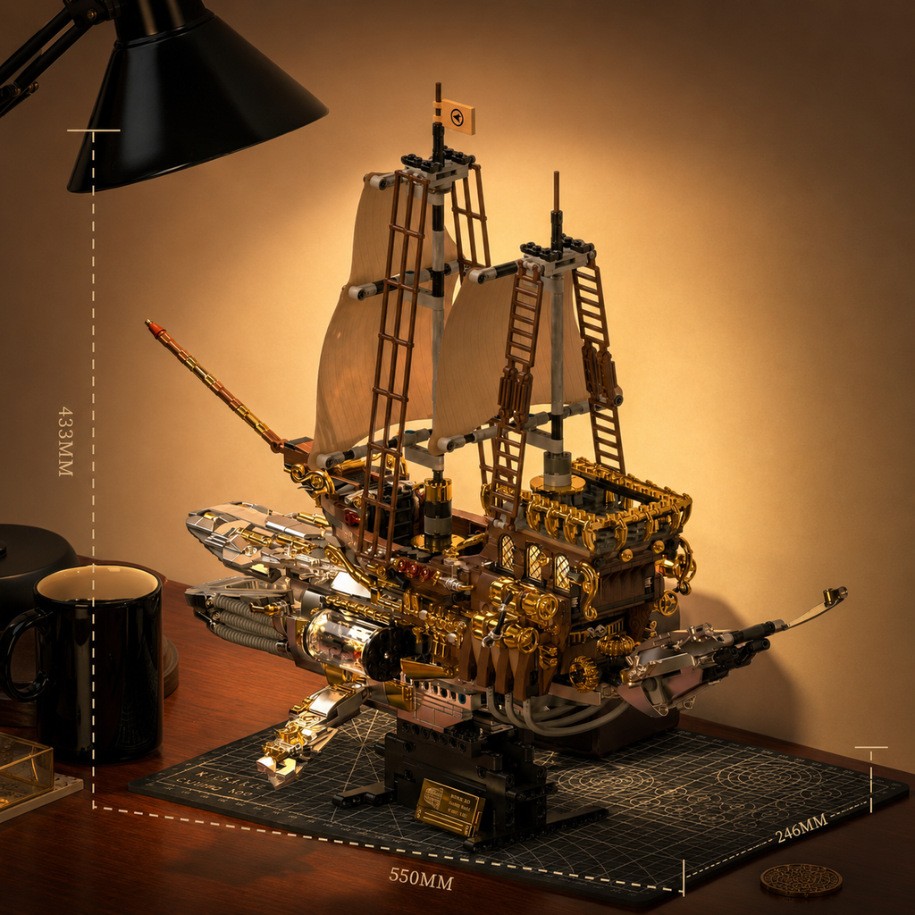 Detailed model of a pirate ship on a table with a lamp and mug in the background