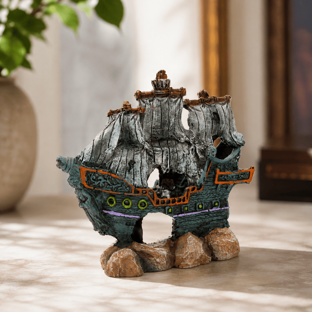 Shipwreck Pirate Sailboat Resin Ship Model – Sunken Ghost Ship with Tattered Sails - Ocean Relic Studio- Handcrafted Wooden Ship Model
