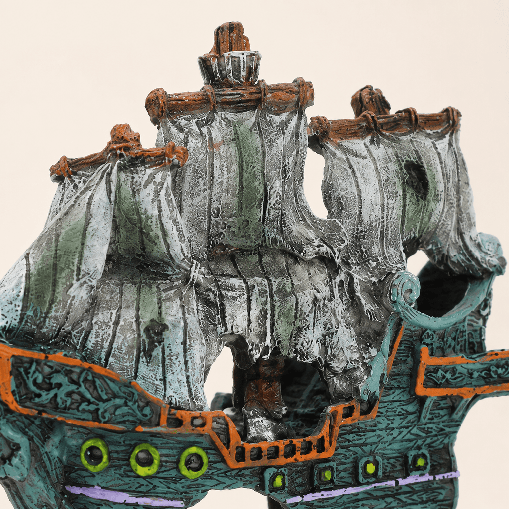 Shipwreck Pirate Sailboat Resin Ship Model – Sunken Ghost Ship with Tattered Sails - Ocean Relic Studio- Handcrafted Wooden Ship Model
