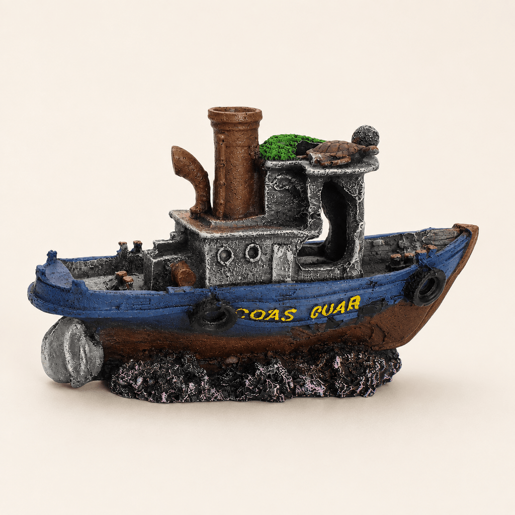 Shipwreck Tugboat Resin Ship Model – Sunken Vessel with Turtle & Chimney - Ocean Relic Studio- Handcrafted Wooden Ship Model