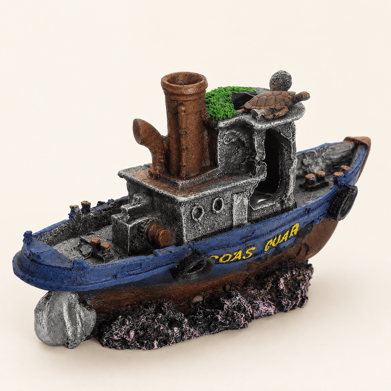 Shipwreck Tugboat Resin Ship Model – Sunken Vessel with Turtle & Chimney - Ocean Relic Studio- Handcrafted Wooden Ship Model