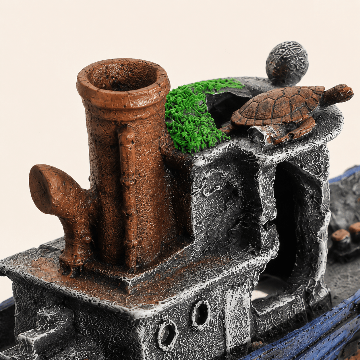 Shipwreck Tugboat Resin Ship Model – Sunken Vessel with Turtle & Chimney - Ocean Relic Studio- Handcrafted Wooden Ship Model