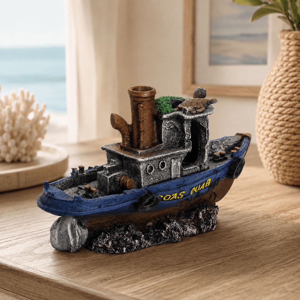 Shipwreck Tugboat Resin Ship Model – Sunken Vessel with Turtle & Chimney - Ocean Relic Studio- Handcrafted Wooden Ship Model