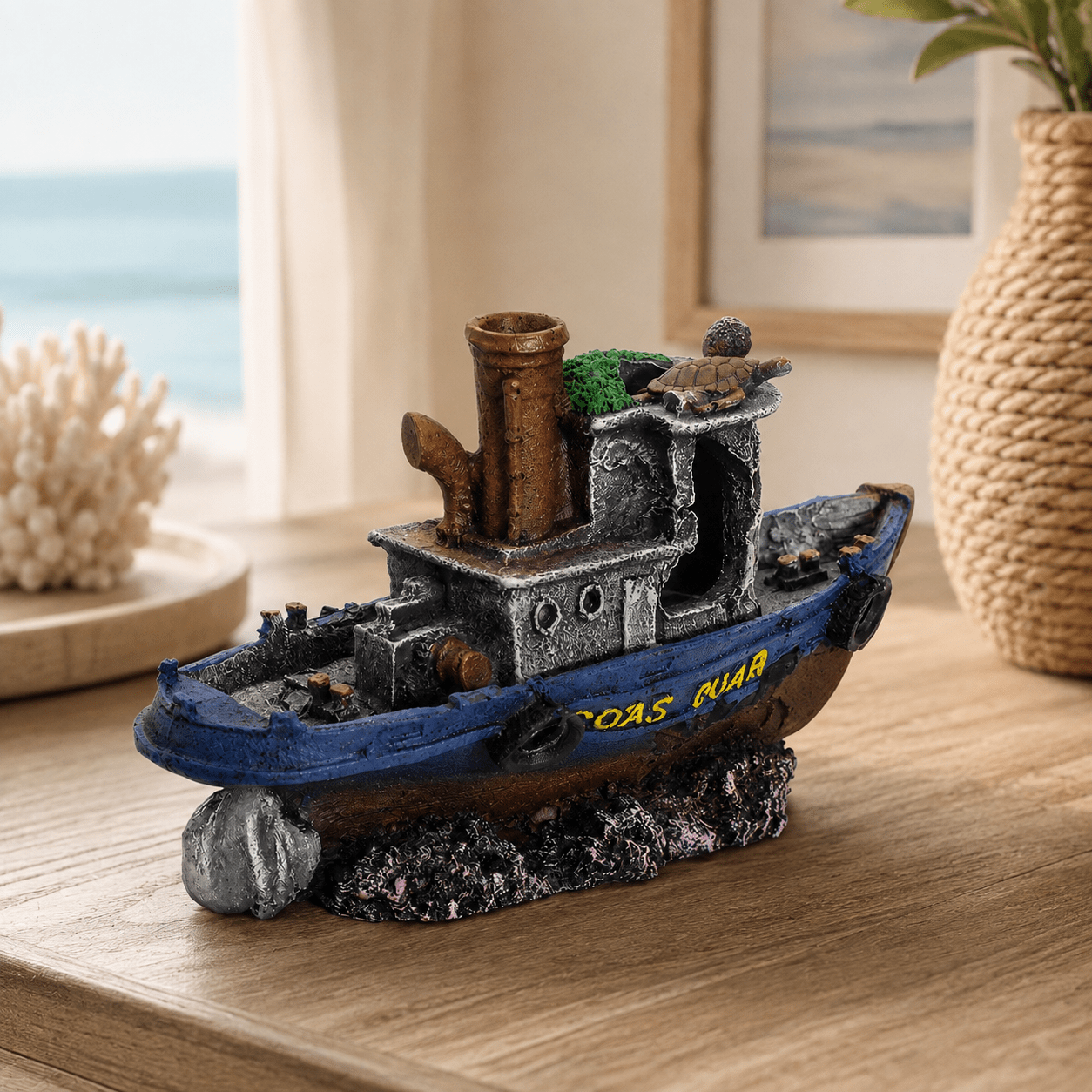 Shipwreck Tugboat Resin Ship Model – Sunken Vessel with Turtle & Chimney - Ocean Relic Studio- Handcrafted Wooden Ship Model