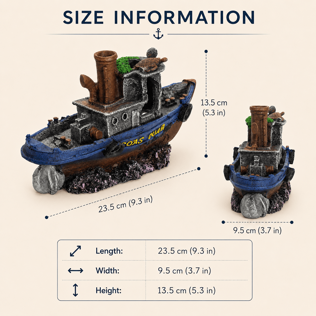 Shipwreck Tugboat Resin Ship Model – Sunken Vessel with Turtle & Chimney - Ocean Relic Studio- Handcrafted Wooden Ship Model